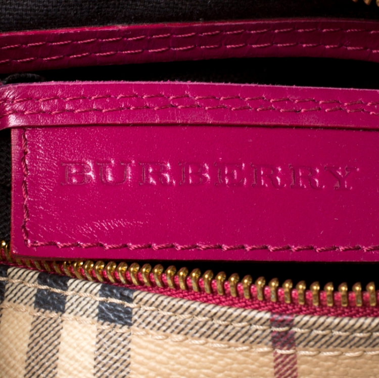 Pre Owned Burberry Beige/Fuchsia Haymarket Check Coated Canvas and Leather Boston Bag