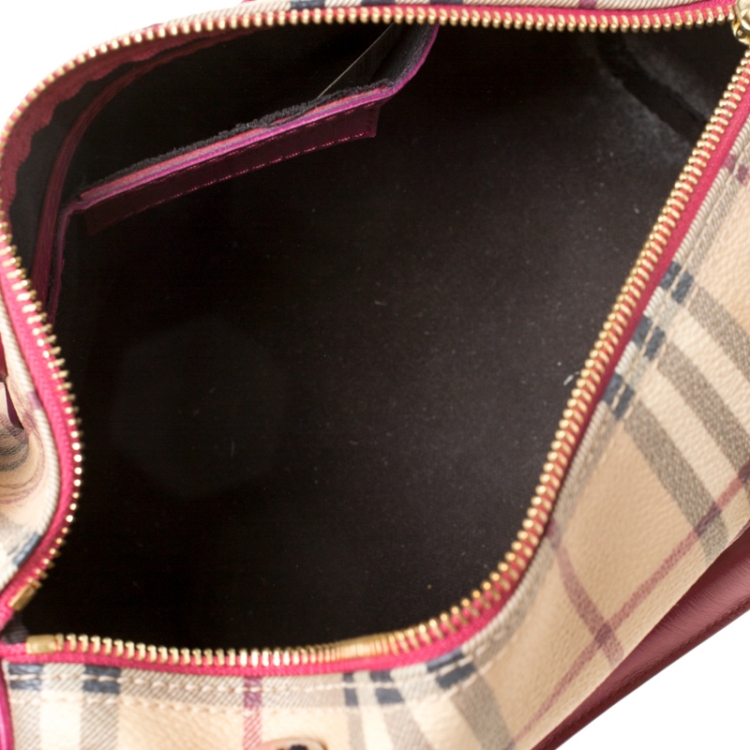 Pre Owned Burberry Beige/Fuchsia Haymarket Check Coated Canvas and Leather Boston Bag