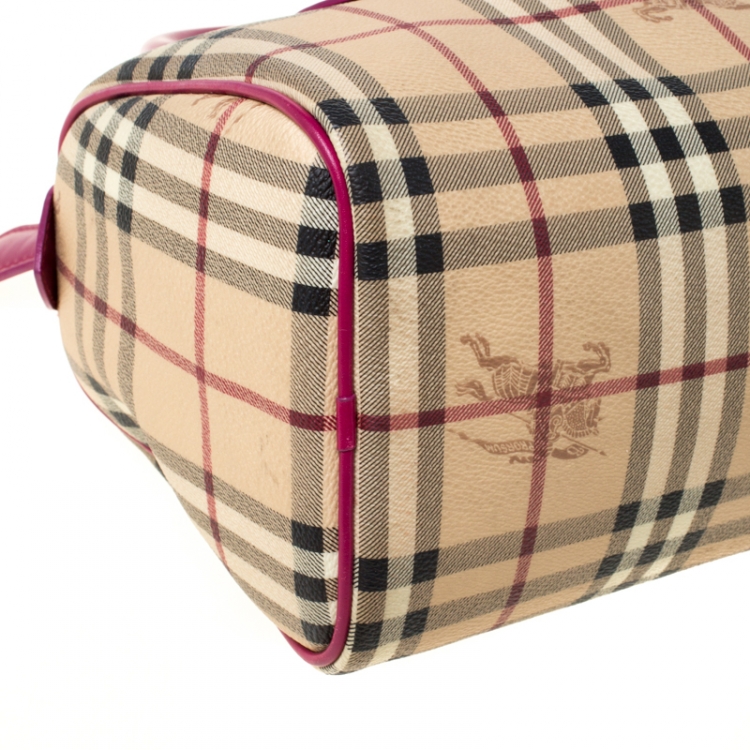 Pre Owned Burberry Beige/Fuchsia Haymarket Check Coated Canvas and Leather Boston Bag