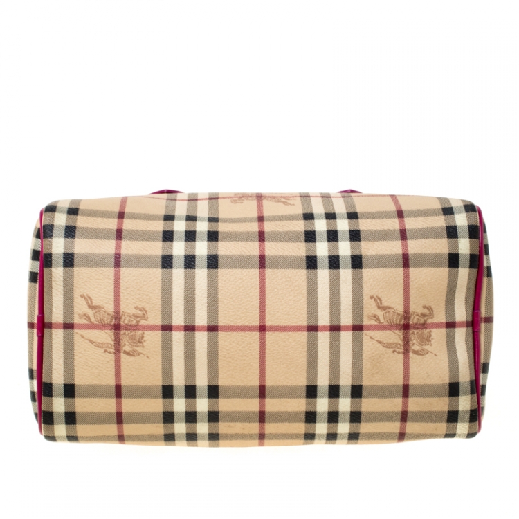 Pre Owned Burberry Beige/Fuchsia Haymarket Check Coated Canvas and Leather Boston Bag