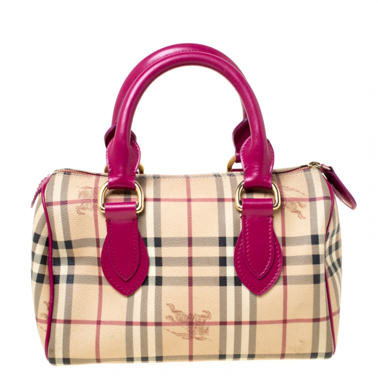 Pre Owned Burberry Beige/Fuchsia Haymarket Check Coated Canvas and Leather Boston Bag