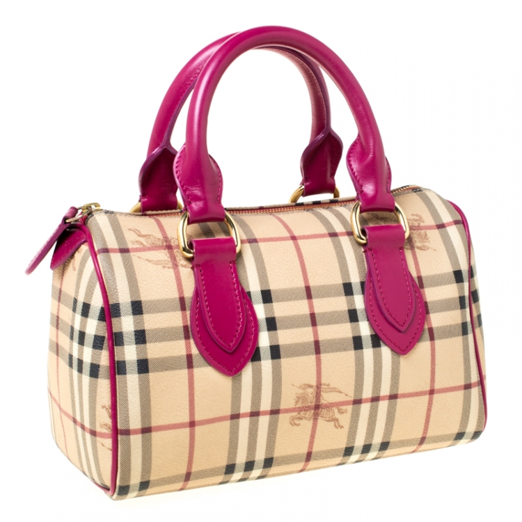Pre Owned Burberry Beige/Fuchsia Haymarket Check Coated Canvas and Leather Boston Bag
