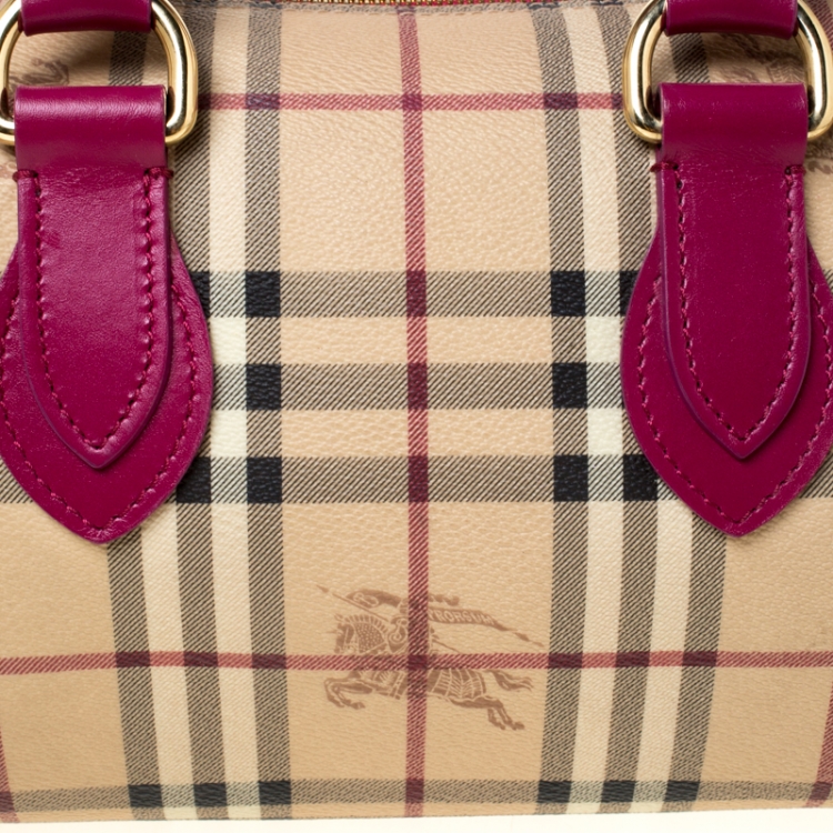 Pre Owned Burberry Beige/Fuchsia Haymarket Check Coated Canvas and Leather Boston Bag