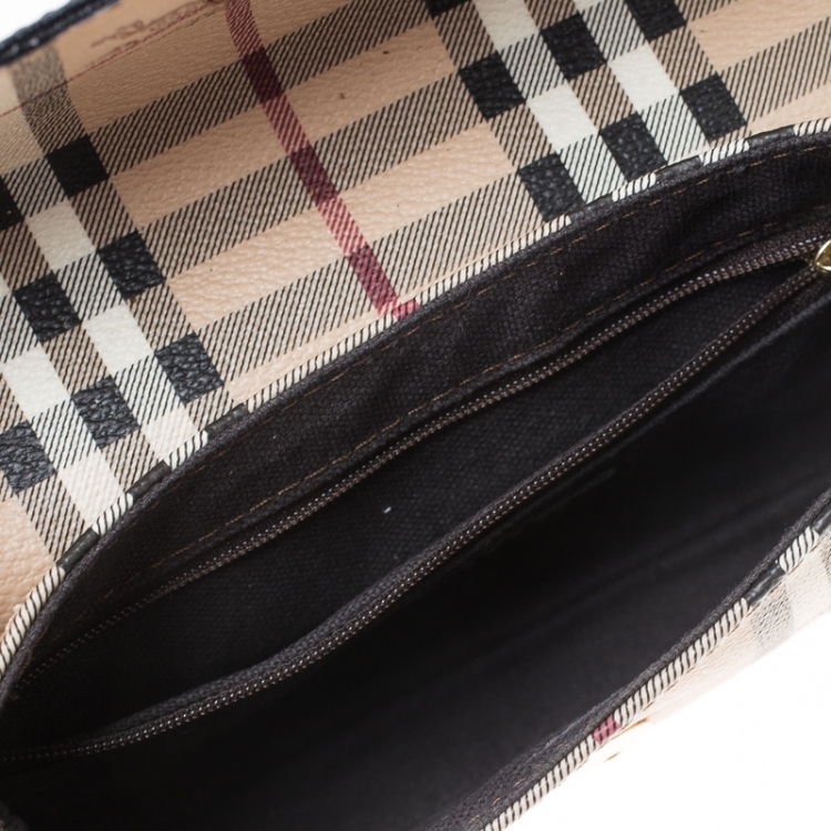 Pre Owned Burberry Beige/Brown Haymarket Check Coated Canvas and Leather Flap Pochette