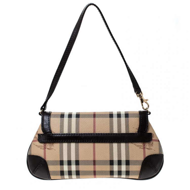 Pre Owned Burberry Beige/Brown Haymarket Check Coated Canvas and Leather Flap Pochette