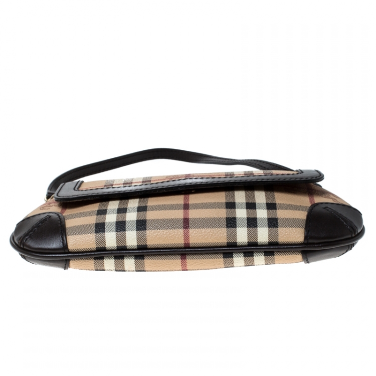 Pre Owned Burberry Beige/Brown Haymarket Check Coated Canvas and Leather Flap Pochette