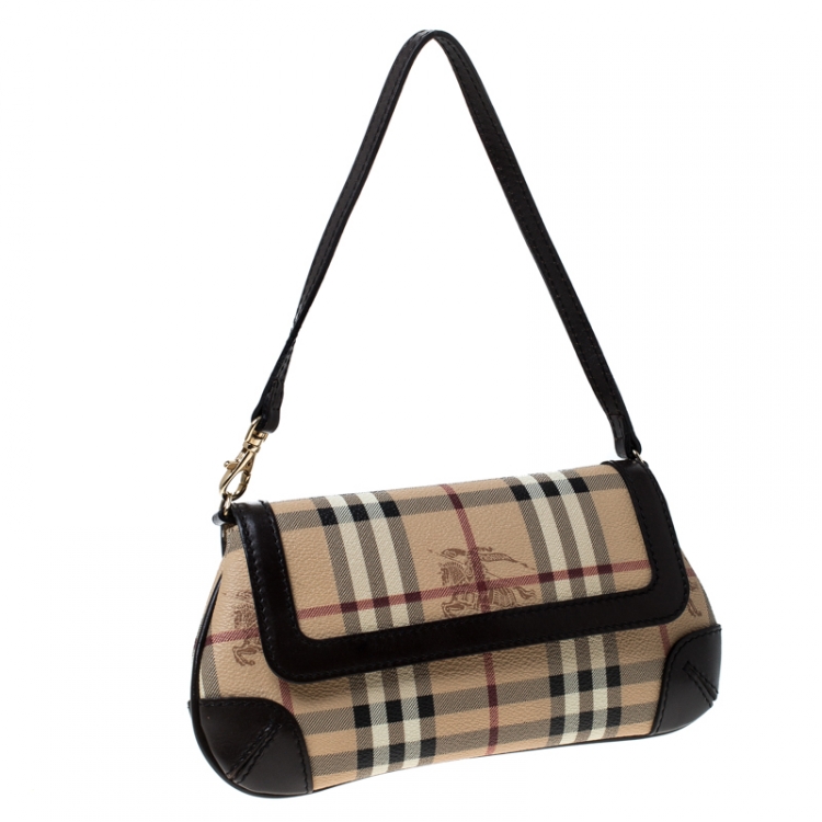 Pre Owned Burberry Beige/Brown Haymarket Check Coated Canvas and Leather Flap Pochette