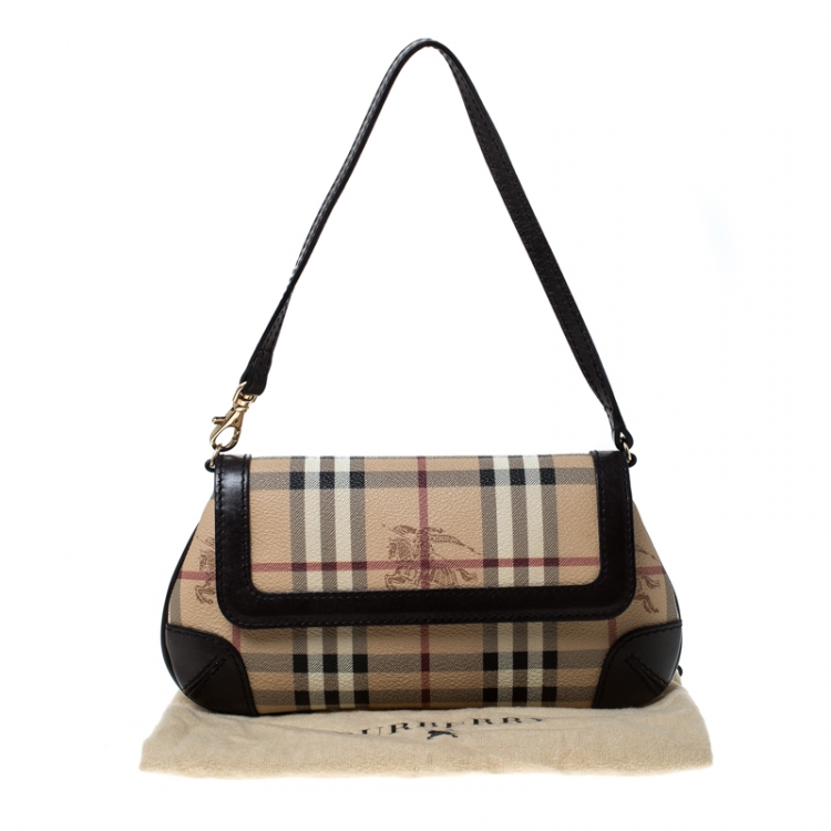 Pre Owned Burberry Beige/Brown Haymarket Check Coated Canvas and Leather Flap Pochette