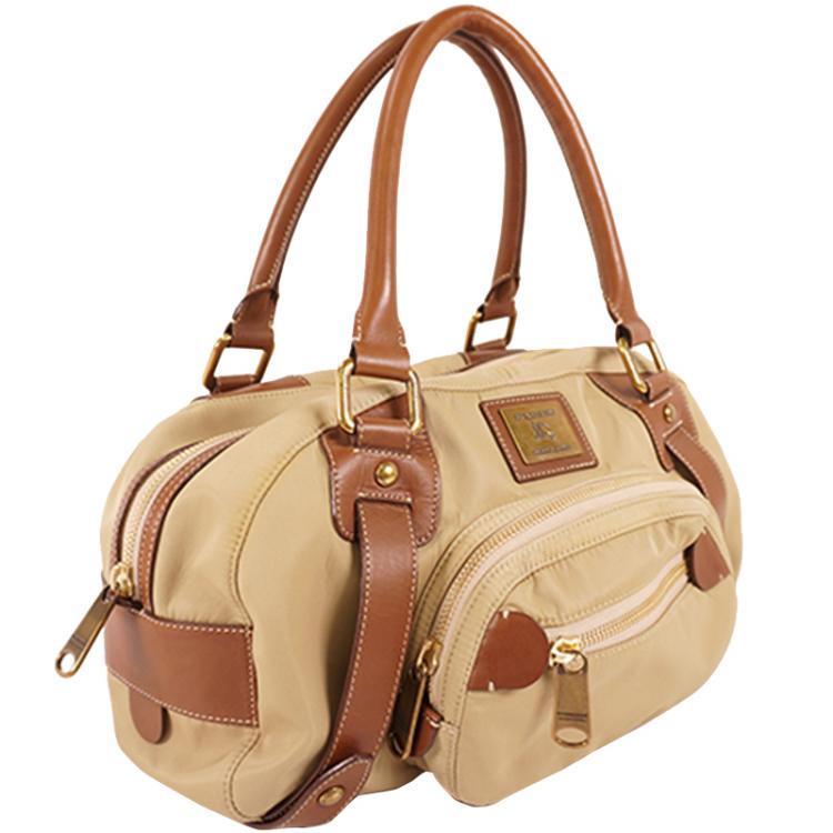 Pre Owned Burberry Beige/Brown Leather Canvas Boston Bag 