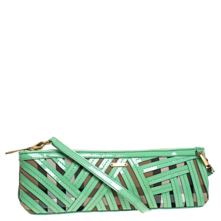 Pre Owned Burberry Green/Beige Canvas and Patent Leather Prorsum Parmoor Clutch