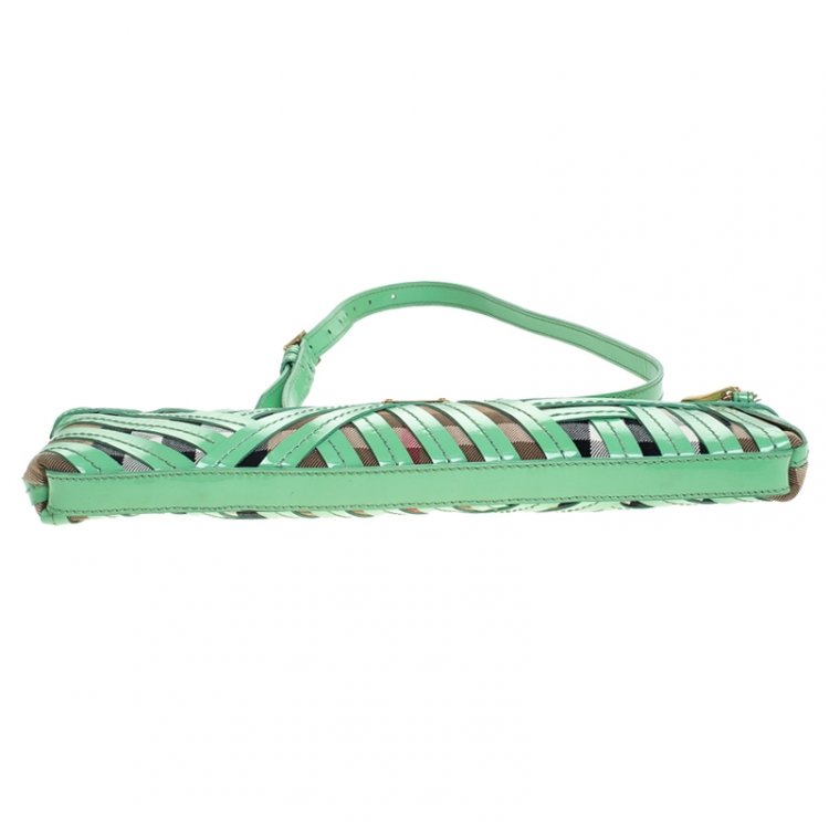 Pre Owned Burberry Green/Beige Canvas and Patent Leather Prorsum Parmoor Clutch