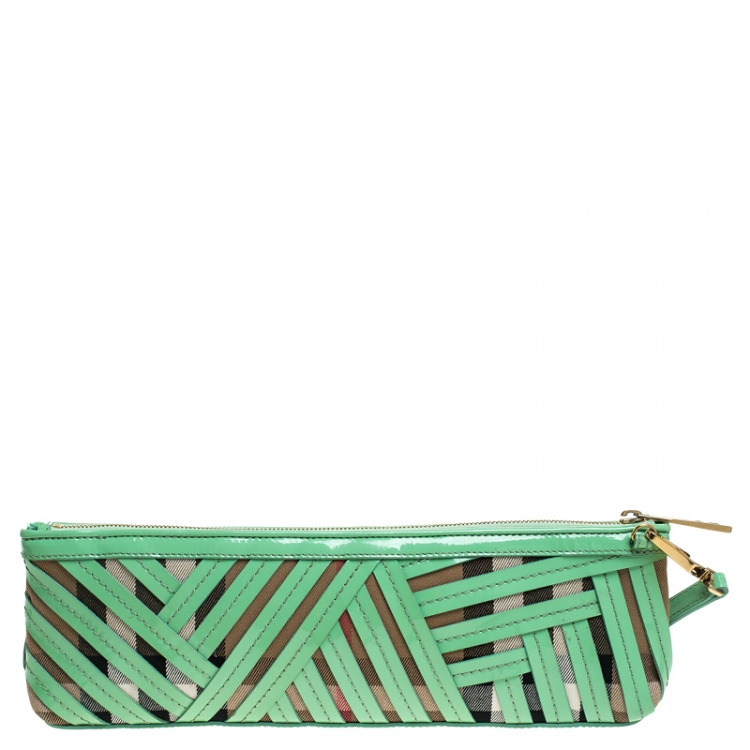 Pre Owned Burberry Green/Beige Canvas and Patent Leather Prorsum Parmoor Clutch