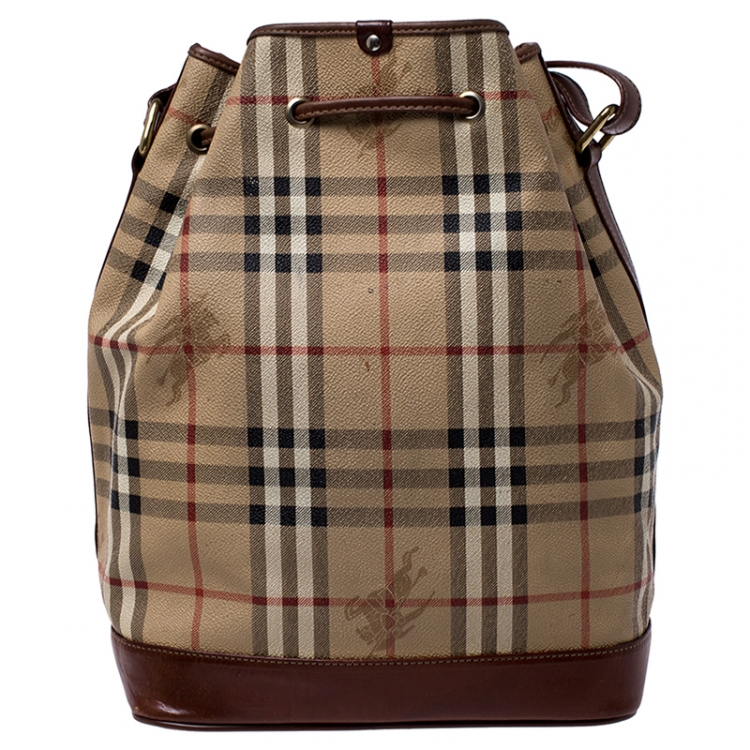 Pre Owned Burberry Beige/Brown Haymarket Check Canvas and Leather Drawstring Bucket Bag