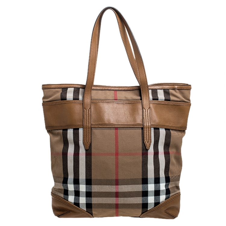 Pre Owned Burberry Beige Canvas and Leather Nova Check Shopper Tote