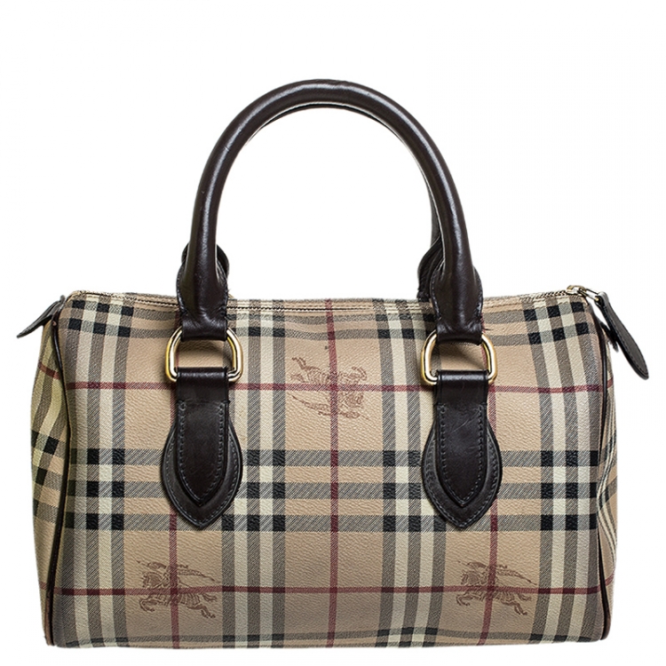 Pre Owned Burberry Beige/Brown Haymarket Check Coated Canvas and Leather Boston Bag