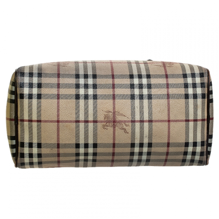 Pre Owned Burberry Beige/Brown Haymarket Check Coated Canvas and Leather Boston Bag