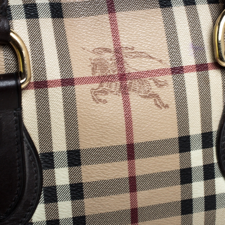 Pre Owned Burberry Beige/Brown Haymarket Check Coated Canvas and Leather Boston Bag