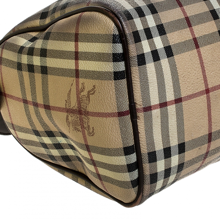 Pre Owned Burberry Beige/Brown Haymarket Check Coated Canvas and Leather Boston Bag