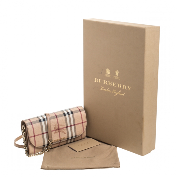 Pre Owned Burberry Beige Haymarket Check Coated Canvas Henley Wallet On Chain 