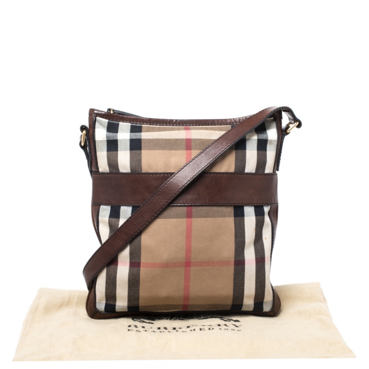 Pre Owned Burberry Beige/Brown House Check Canvas and Leather Messenger Bag