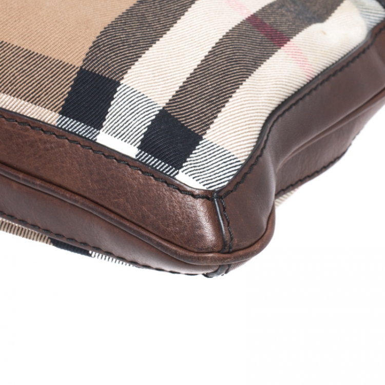 Pre Owned Burberry Beige/Brown House Check Canvas and Leather Messenger Bag