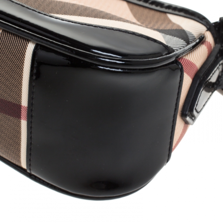 Pre Owned Burberry Beige/Black Nova Check Canvas and Patent Leather Small Newbury Sling Bag