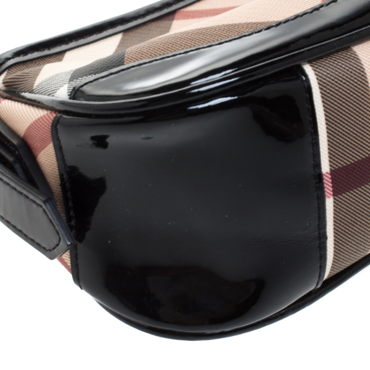 Pre Owned Burberry Beige/Black Nova Check Canvas and Patent Leather Small Newbury Sling Bag