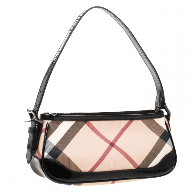 Pre Owned Burberry Beige/Black Nova Check Canvas and Patent Leather Small Newbury Sling Bag