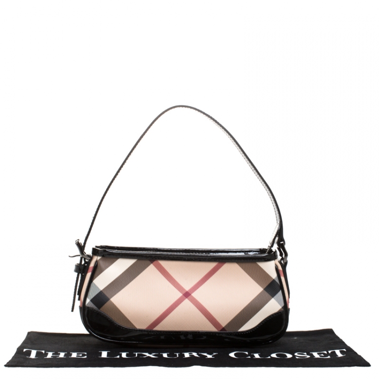 Pre Owned Burberry Beige/Black Nova Check Canvas and Patent Leather Small Newbury Sling Bag