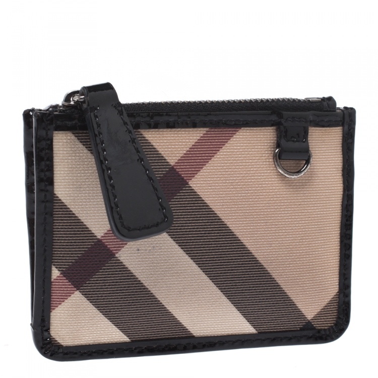 Pre Owned Burberry Beige/Black Nova Check Canvas and Patent Leather Zip Card Case