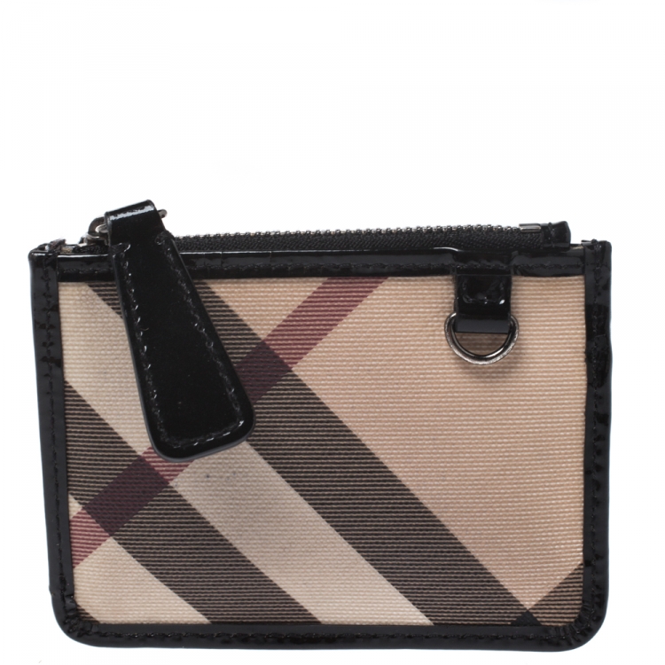 Pre Owned Burberry Beige/Black Nova Check Canvas and Patent Leather Zip Card Case