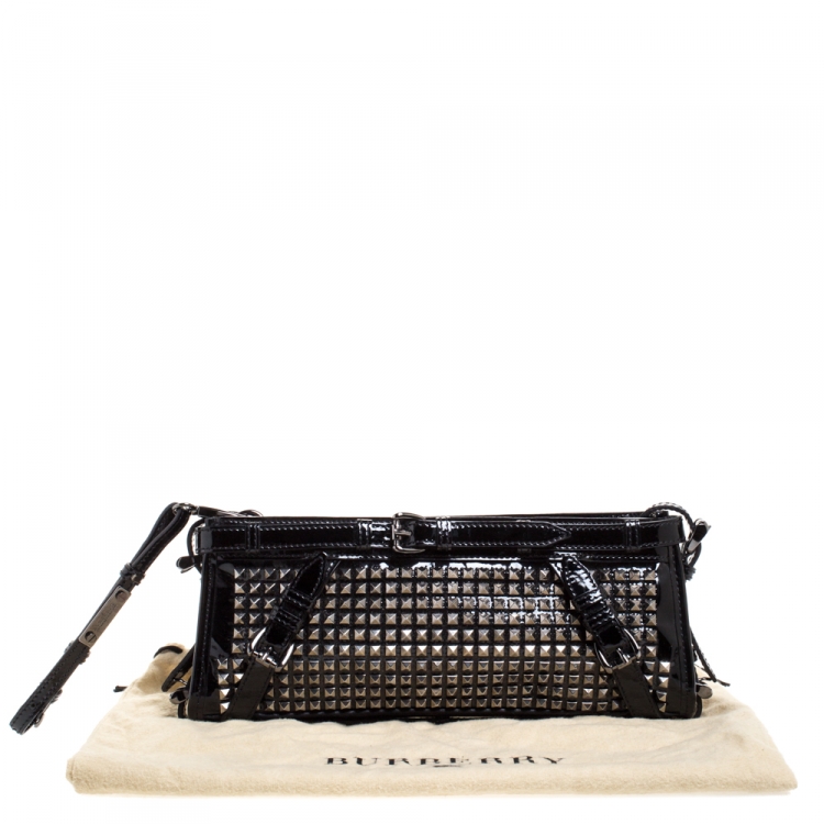 Pre Owned Burberry Black Patent Leather Hyde Studded Wristlet Clutch