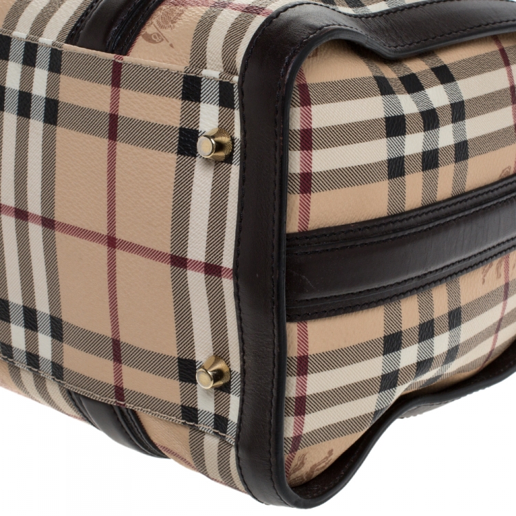 Pre Owned Burberry Brown/Beige Haymarket Check Coated Canvas Boston Bag