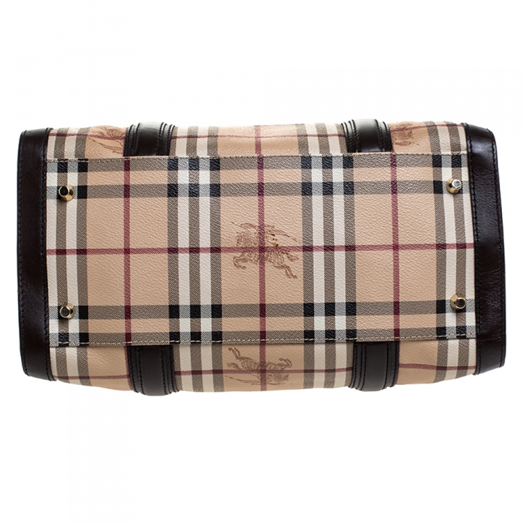 Pre Owned Burberry Brown/Beige Haymarket Check Coated Canvas Boston Bag
