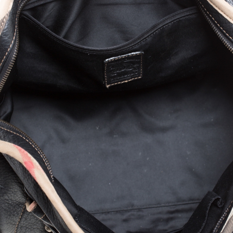 Pre Owned Burberry Black Leather with Nova Check Canvas Trim Front Pocket Satchel