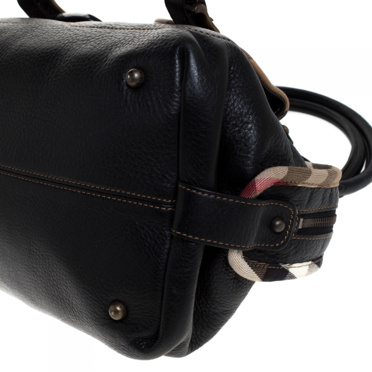 Pre Owned Burberry Black Leather with Nova Check Canvas Trim Front Pocket Satchel