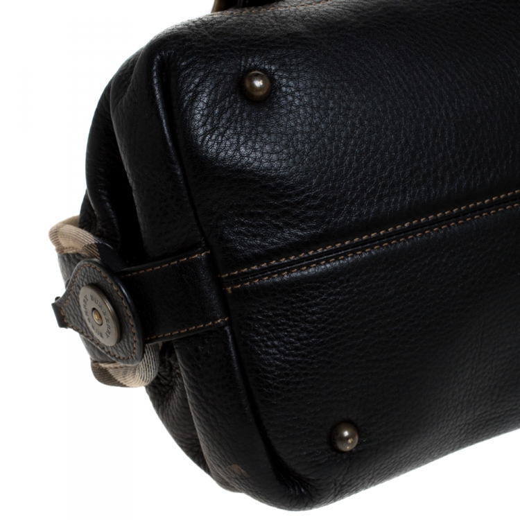 Pre Owned Burberry Black Leather with Nova Check Canvas Trim Front Pocket Satchel