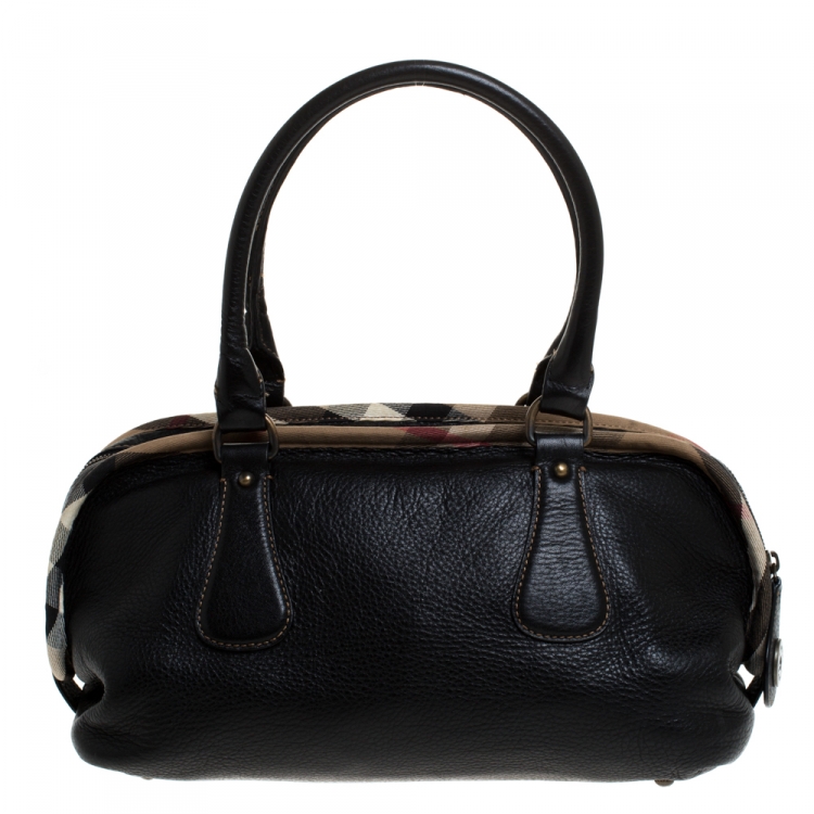 Pre Owned Burberry Black Leather with Nova Check Canvas Trim Front Pocket Satchel