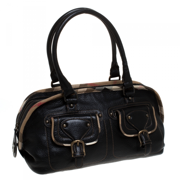 Pre Owned Burberry Black Leather with Nova Check Canvas Trim Front Pocket Satchel