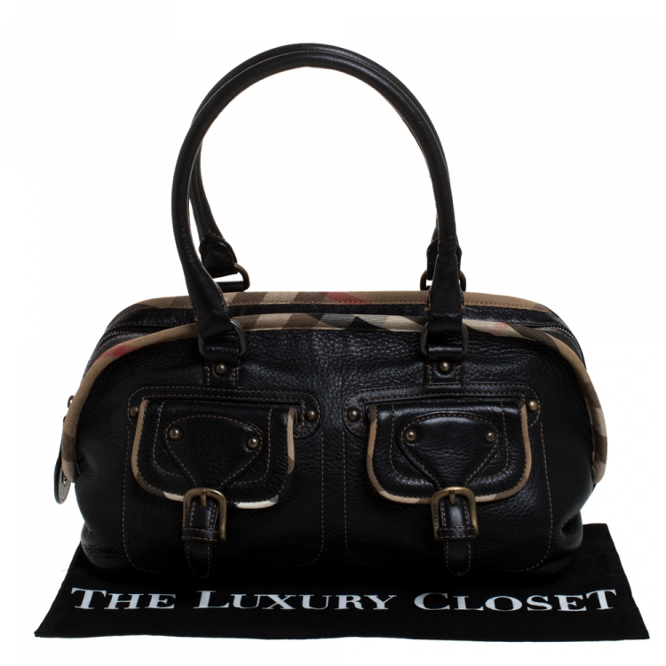 Pre Owned Burberry Black Leather with Nova Check Canvas Trim Front Pocket Satchel