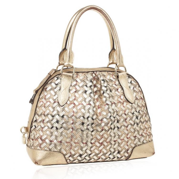 Pre Owned Burberry Metallic Gold Woven Top Handle Bag