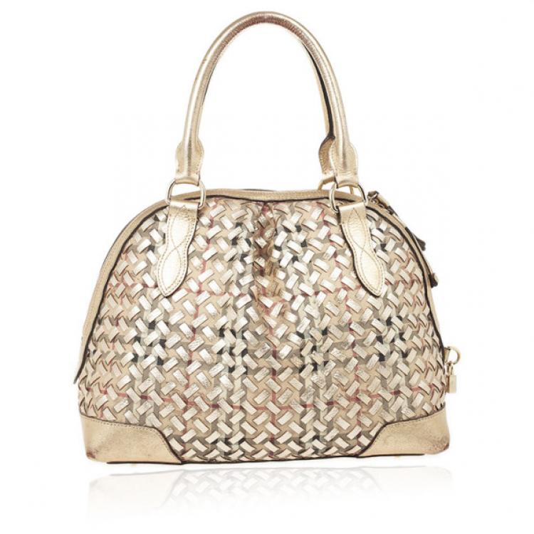 Pre Owned Burberry Metallic Gold Woven Top Handle Bag