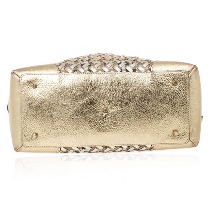 Pre Owned Burberry Metallic Gold Woven Top Handle Bag