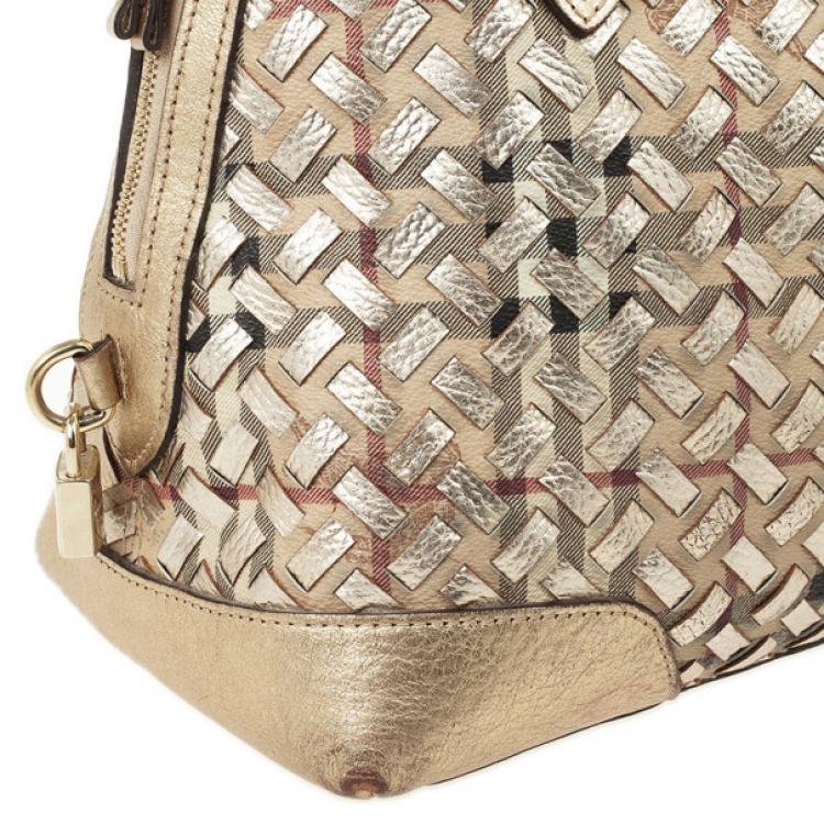 Pre Owned Burberry Metallic Gold Woven Top Handle Bag