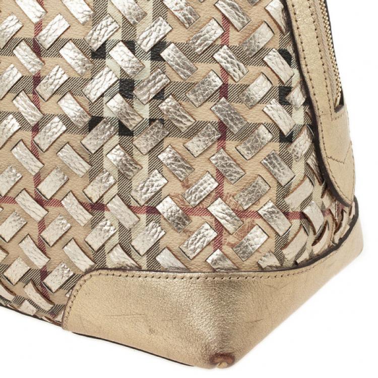 Pre Owned Burberry Metallic Gold Woven Top Handle Bag