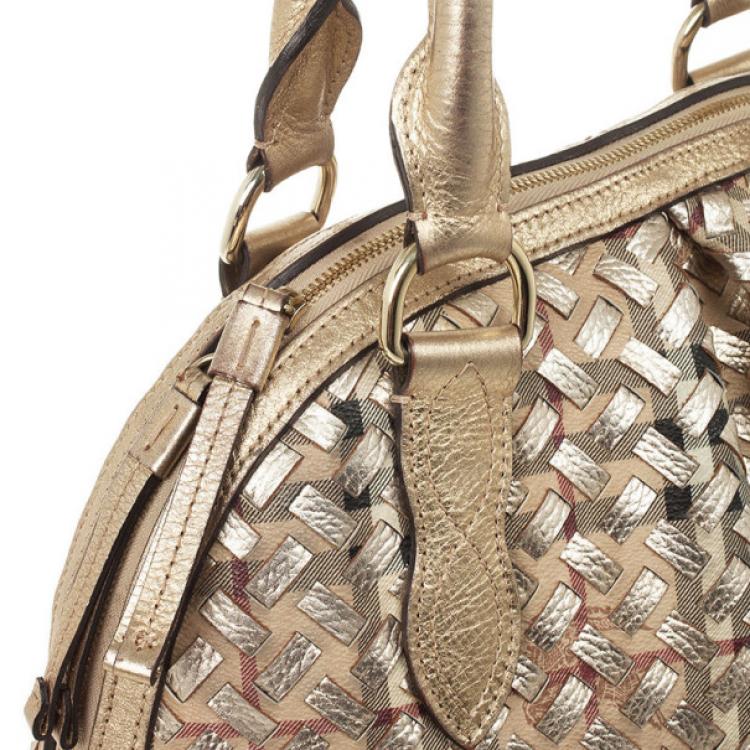 Pre Owned Burberry Metallic Gold Woven Top Handle Bag