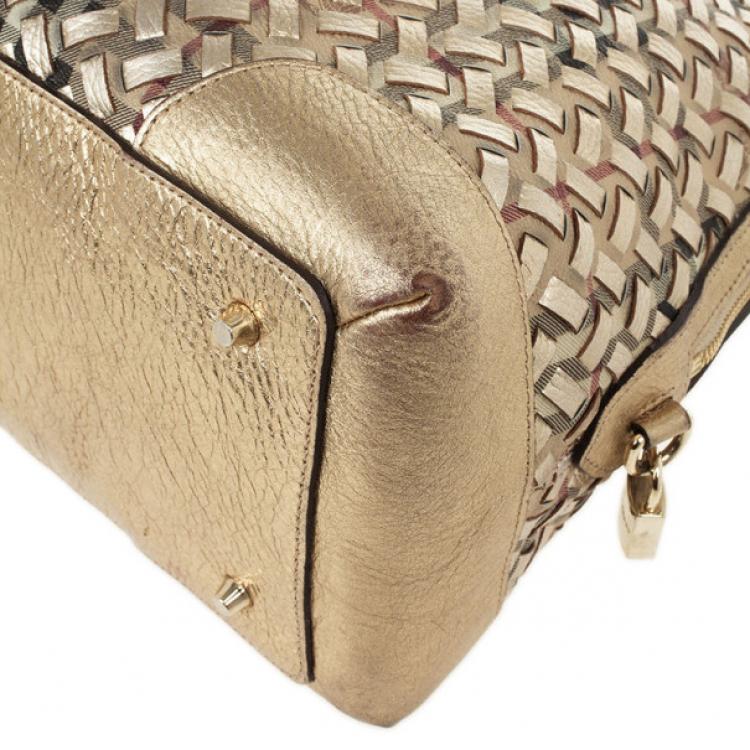 Pre Owned Burberry Metallic Gold Woven Top Handle Bag