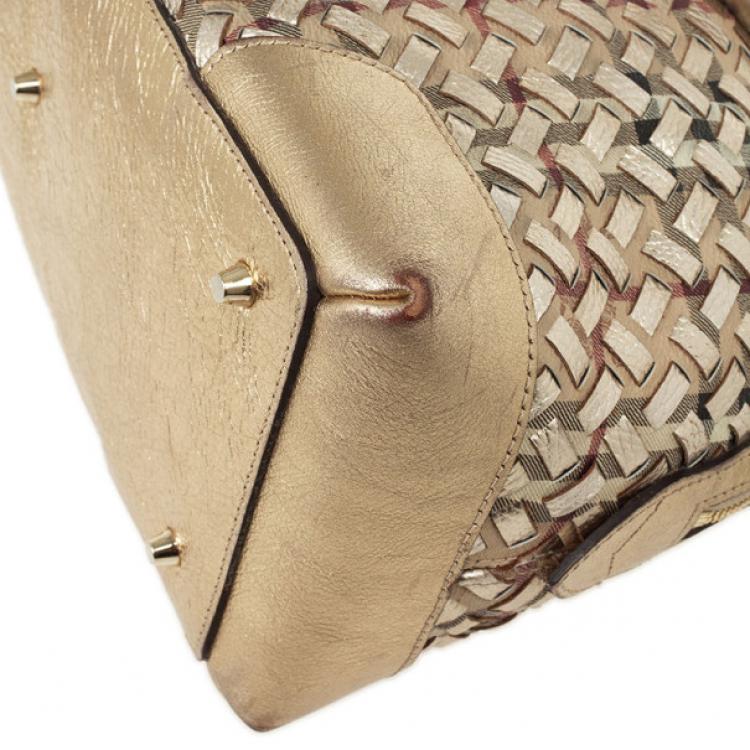 Pre Owned Burberry Metallic Gold Woven Top Handle Bag