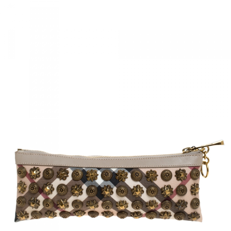 Pre Owned Burberry Beige Supernova Studded PVC and Leather Warrior Clutch