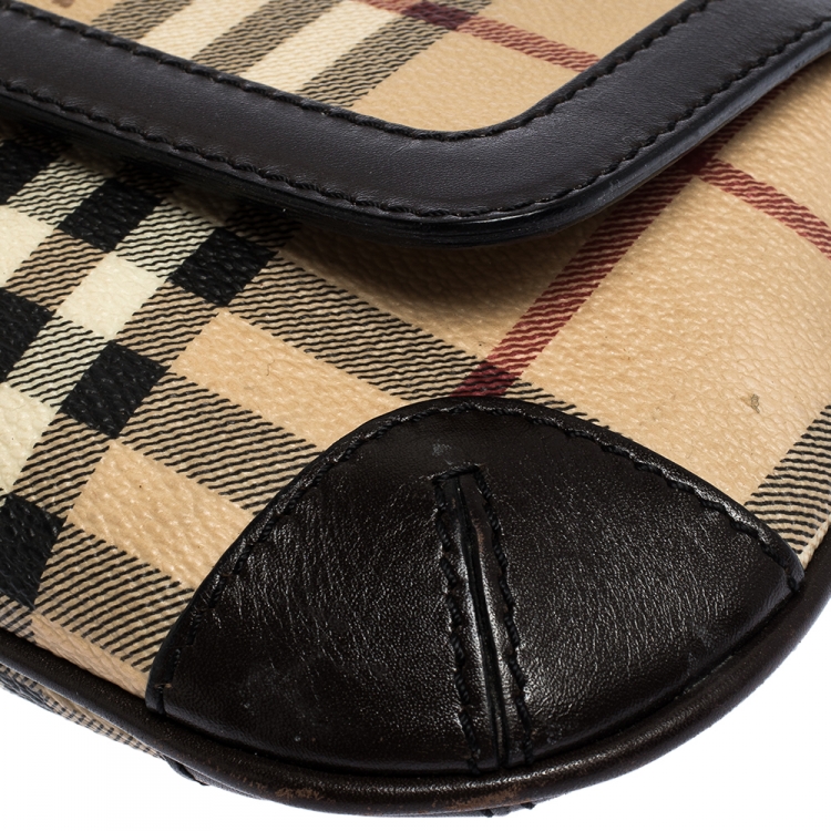 Pre Owned Burberry Beige/Brown Haymarket Check Coated Canvas and Leather Flap Pochette Bag